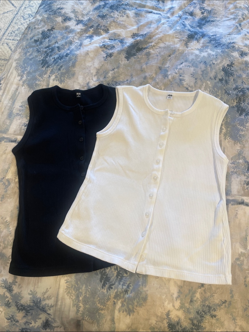 UNIQLO Ribbed Button-Front Tank Tops - White & Black